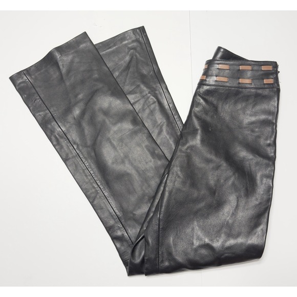 Cache Cache Pants - Cache Women's 100% Leather Black Bootcut Flare Pants Size 4 Y2K Vintage Boho 32"